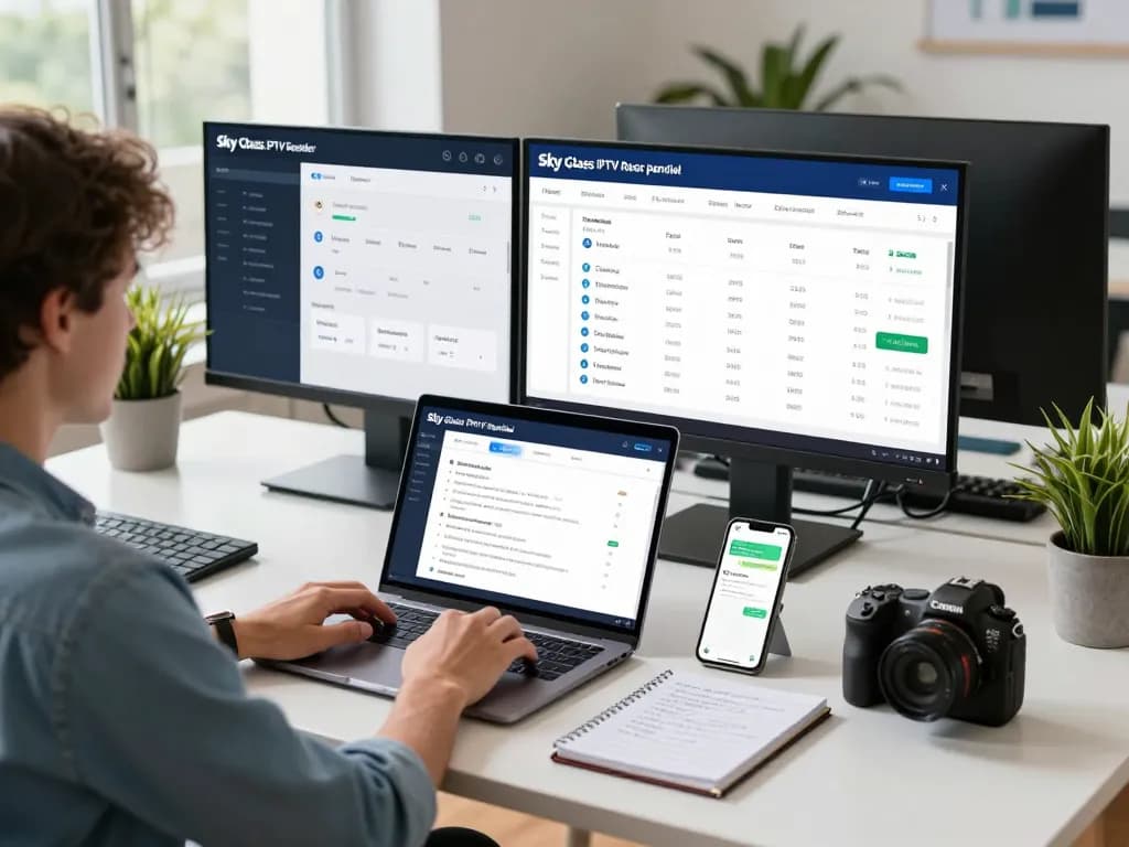 Sky Glass IPTV Reseller Panel dashboard in a modern office workspace