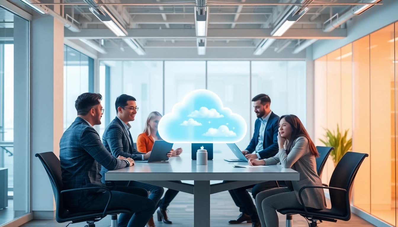 Proveedor de cloud: Team of experts collaborating on secure cloud solutions in a modern office setting.