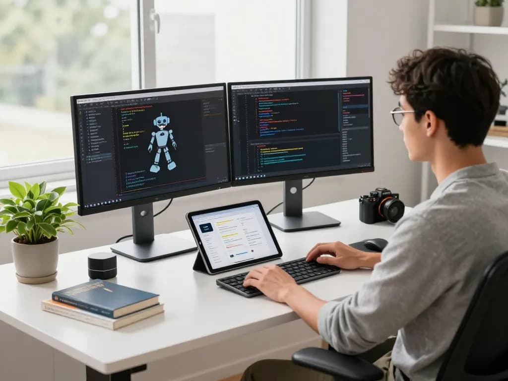 Developer optimizing clawbot functionalities in a bright tech workspace with dual monitors