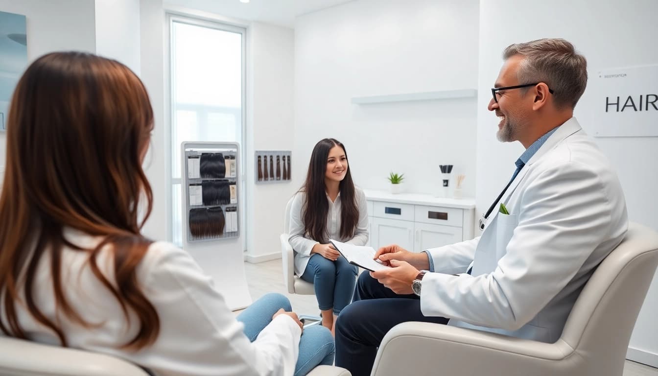カミノクリニック　モニタ consultation scene with a dermatologist and patient in a modern hair clinic setting.