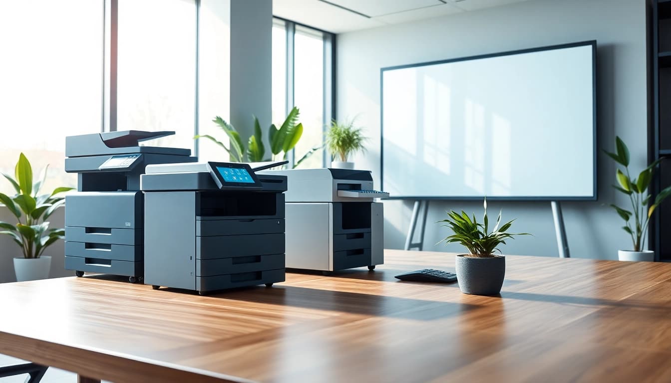 Modern office machines including a multifunction printer and digital whiteboard enhancing workplace productivity.