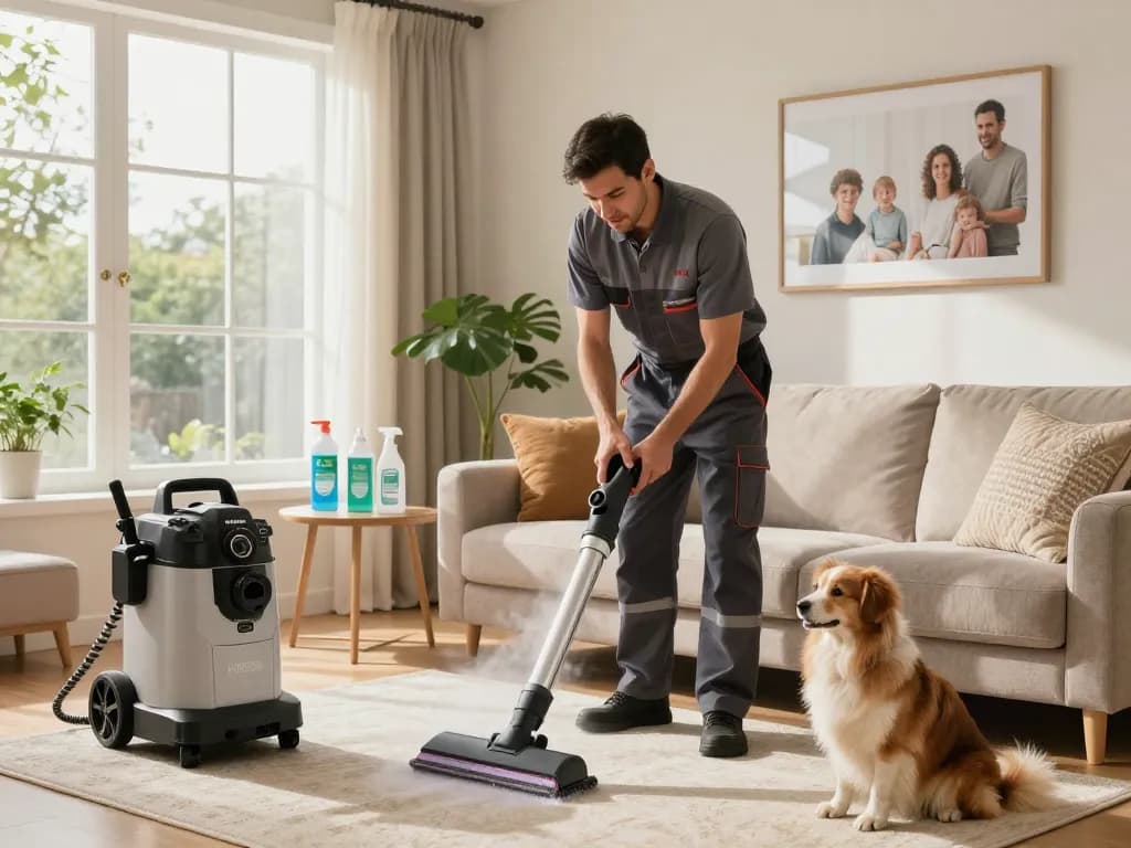 Cleaning & maintenance blogs featuring a professional upholstery cleaner using steam cleaning in a bright living room, showcasing eco-friendly products and family life.