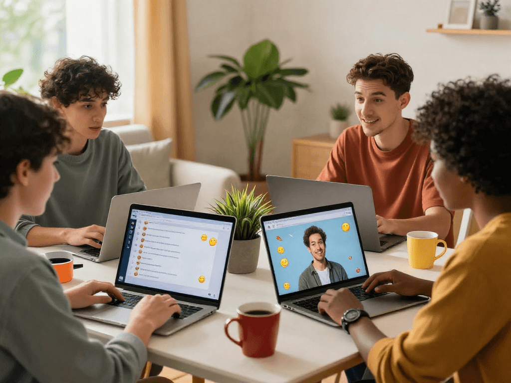 Interactive porn AI chat session with diverse participants in a cozy environment