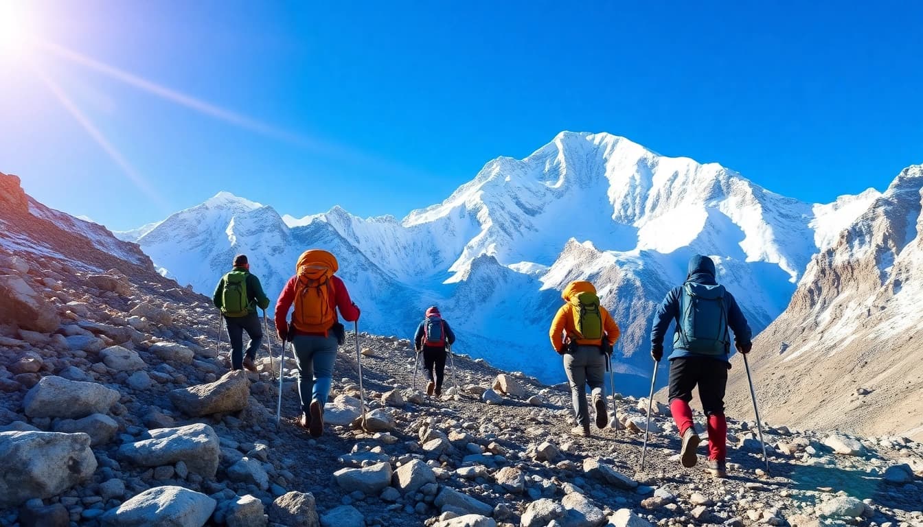 Trekkers on the Everest Base Camp Trek, surrounded by stunning peaks and a clear blue sky.