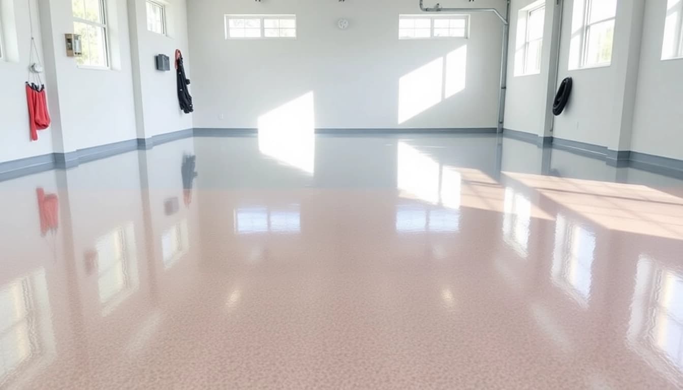 Transform your space with epoxy flooring Peoria, featuring a sleek, glossy finish in a well-lit garage setting.