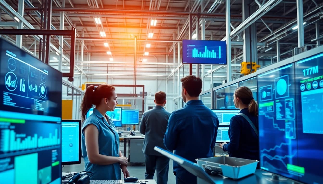 Paperless traceability software in action at a modern manufacturing facility with digital displays and collaborative workers.