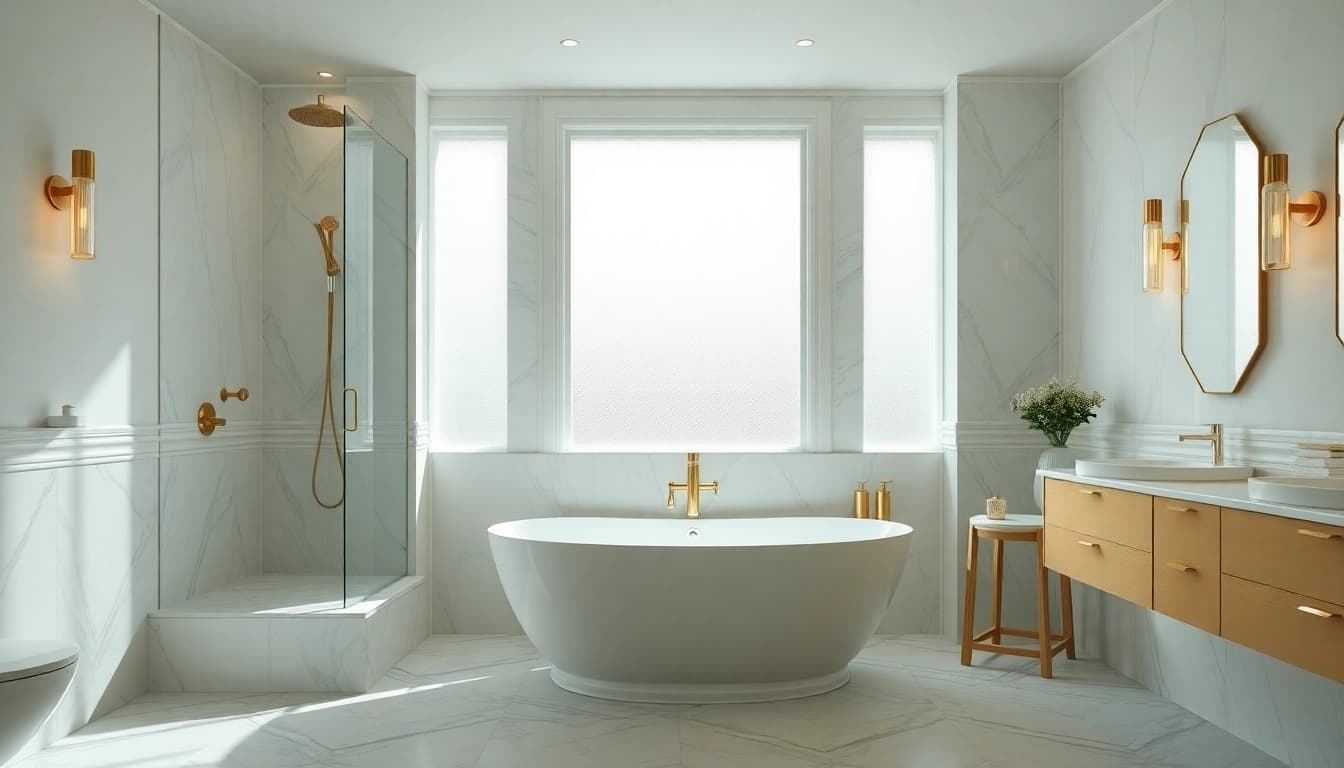 Stunning bathroom remodeling near me featuring elegant freestanding tub and modern accents.