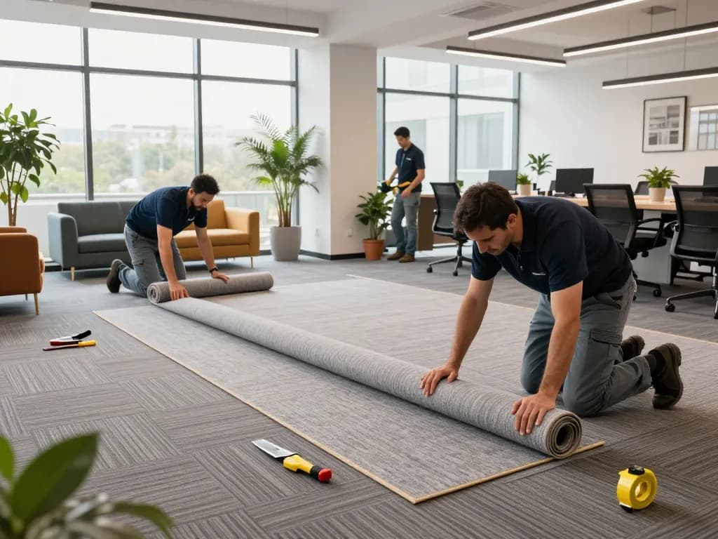 Commercial carpet installation in a modern office with skilled installers laying carpet tiles.