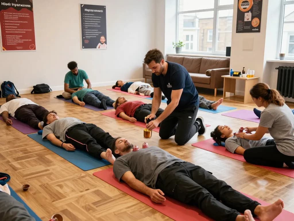Students engaged in a Hijama course in London, learning practical techniques in a lively training environment.