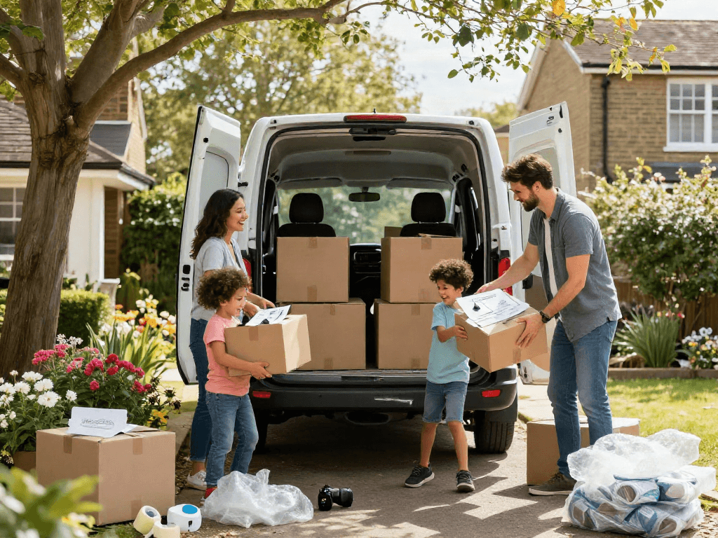 Removals London: Family happily packing moving boxes for a stress-free relocation.