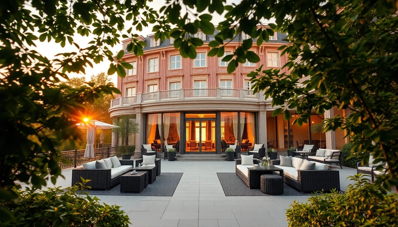 Luxury hotel in Sweden with stunning architecture and serene sunset view.
