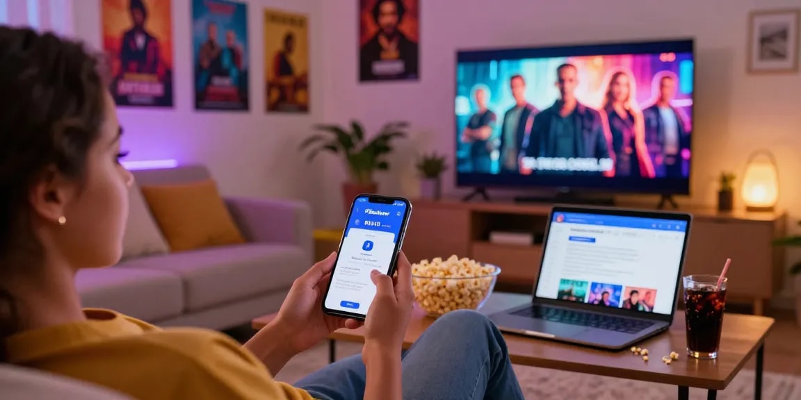 Pikashow APK download on smartphone in a cozy home entertainment setup with TV and snacks.
