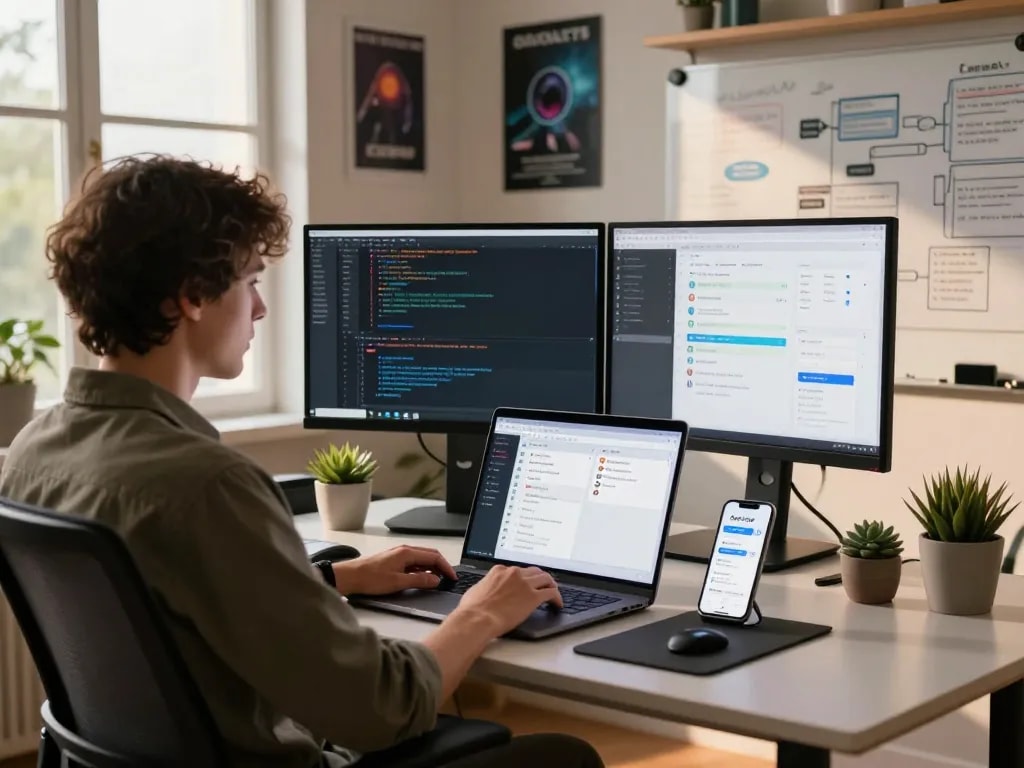 OpenClaw personal AI assistant in a modern home office setup with automated task reminders and coding visuals