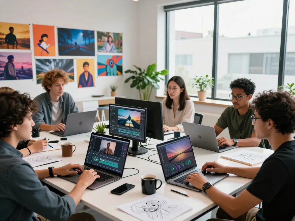 Diverse team collaborating in a video production studio showcasing ai seedance 2.0 technology.