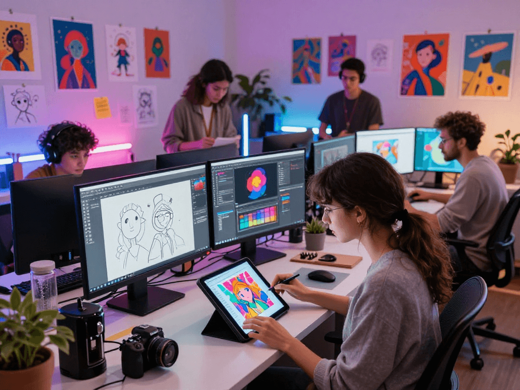 AI nsfw digital artist collaborating in a vibrant studio with monitors displaying creative artwork.