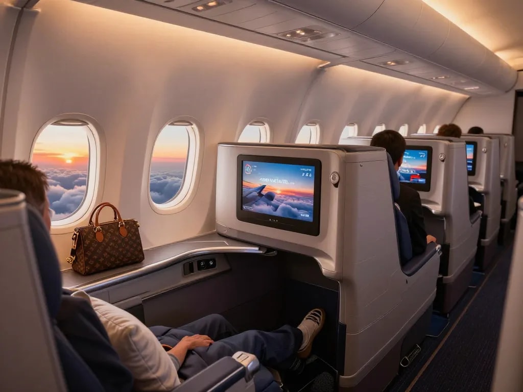 Passenger enjoying luxury in 789P premium cabin of Boeing 787-9 at sunset