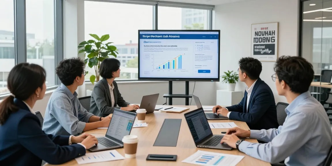 Engaging team discussion on Stripe merchant cash advance strategies in a modern financial office