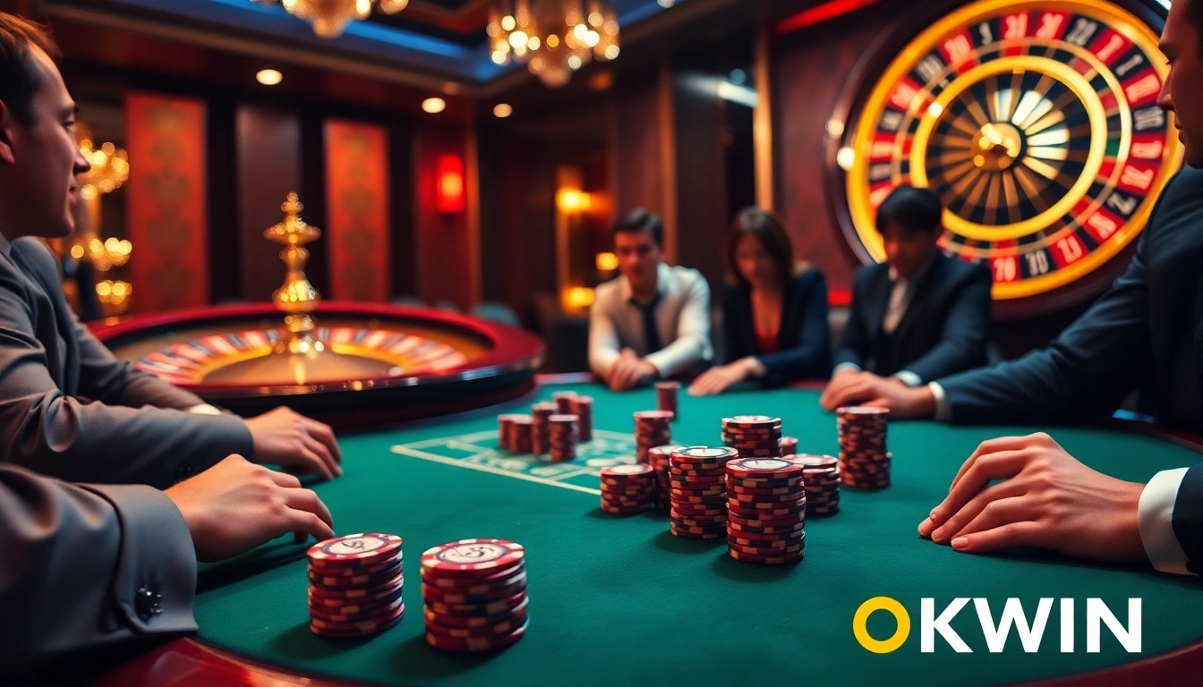 Engage in high-stakes poker at OKWIN's luxurious table inside a vibrant casino.