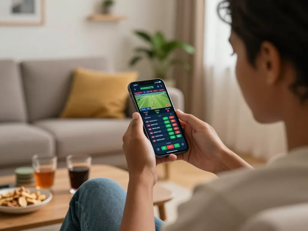 Engaging in sports betting using https://du88.autos/ app on smartphone in cozy home setting.