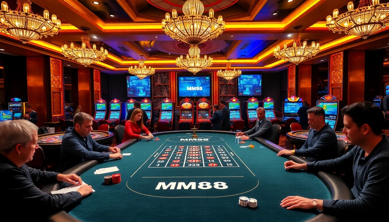 Players engaging at the MM88 casino table with vibrant lights and high-stakes action.