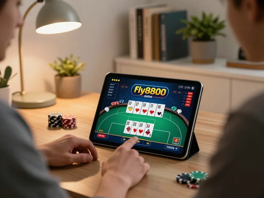 Engaging in a poker game at fly8800 on a tablet, showcasing a cozy home gaming atmosphere.