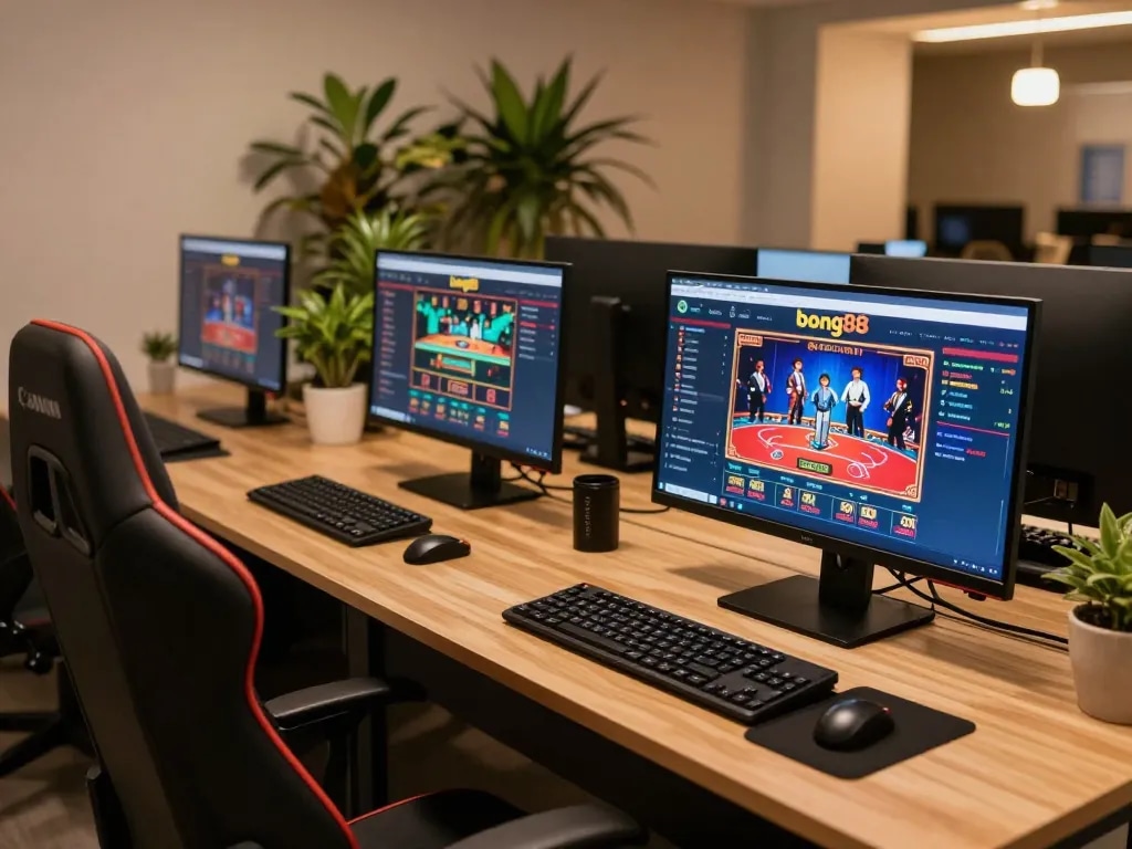 Bong88 online gaming setup with laptop showcasing casino games, creating a vibrant gambling atmosphere.