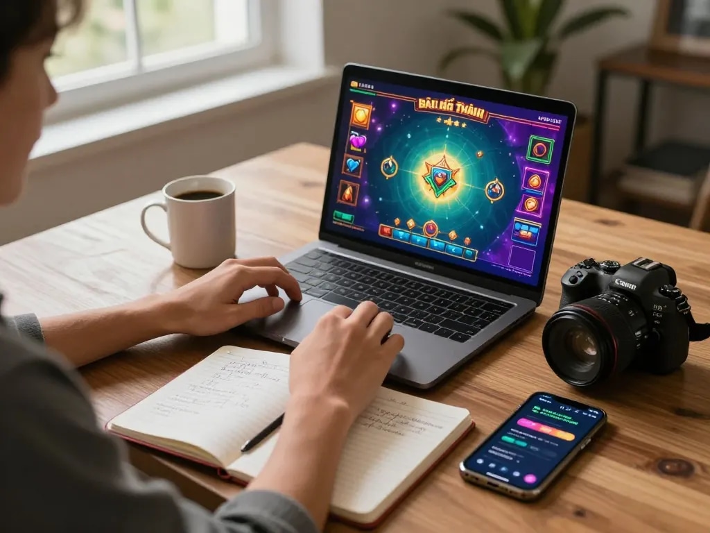 Player engaged in game bài đổi thưởng at home with strategic notes and smartphone for better odds.