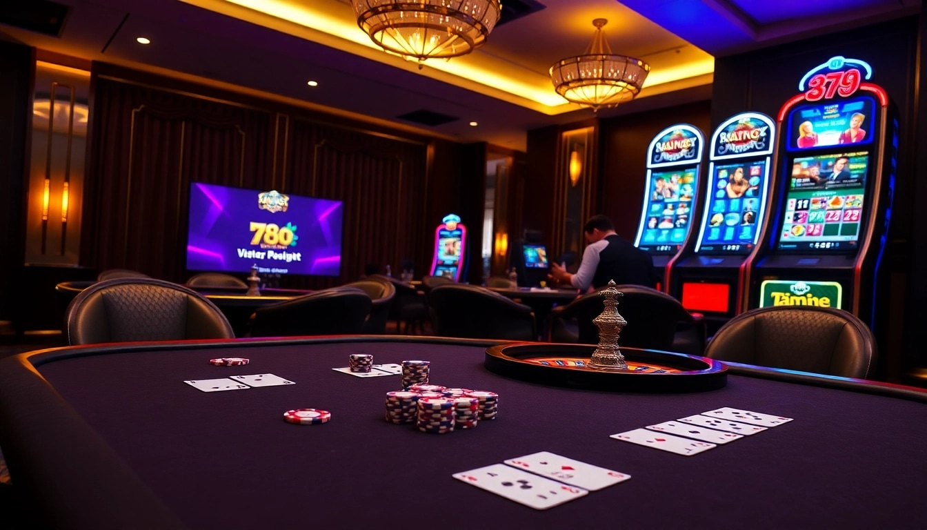 Exciting casino scene showcasing poker, roulette, and online interface for https://789betg.com/ with engaged players.