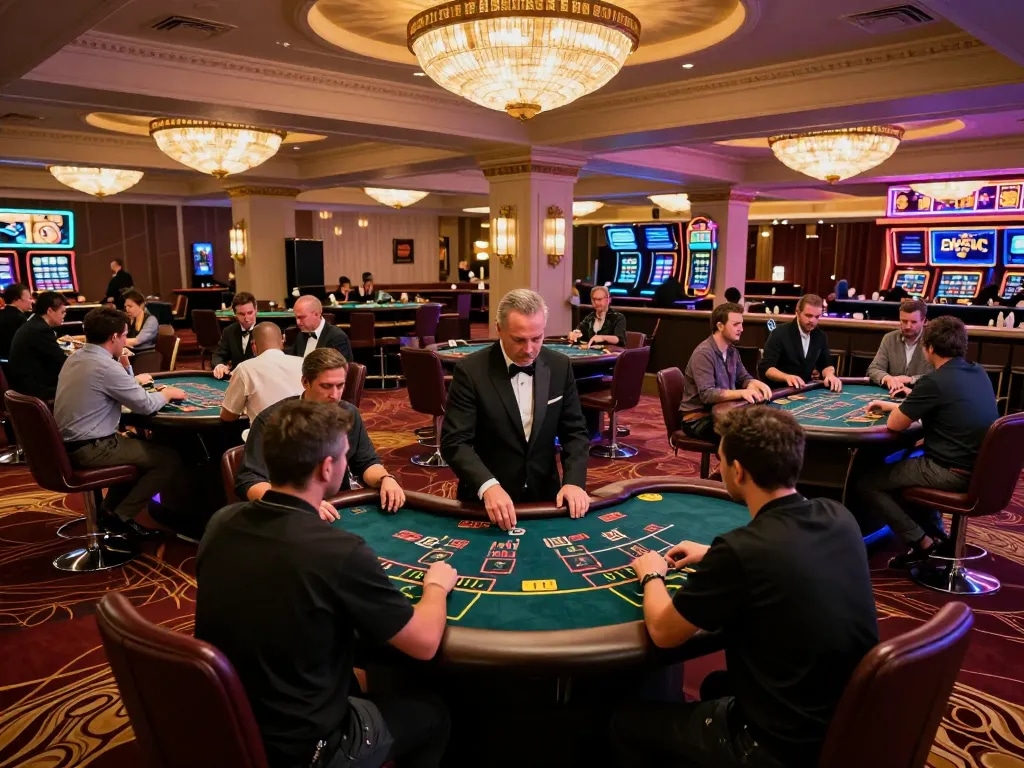 Players enjoy strategic blackjack gameplay at 78win's luxurious casino, highlighting the vibrant atmosphere and dynamic action.