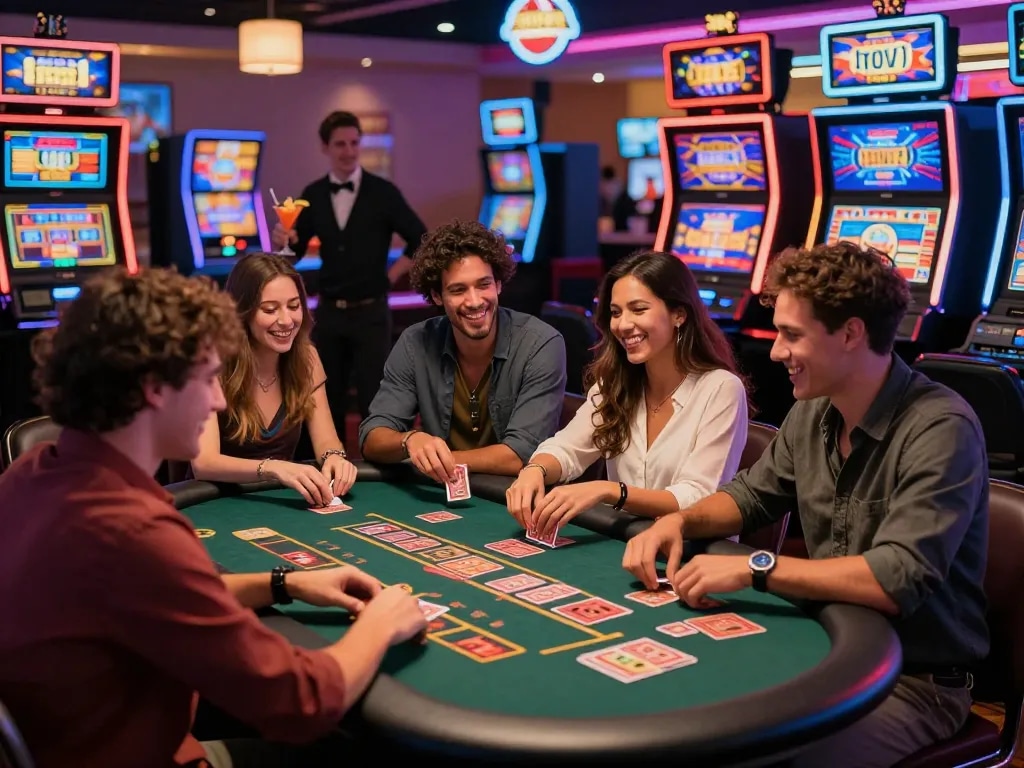 Exciting casino scene with friends playing gem88 card games illuminated by vibrant lights.