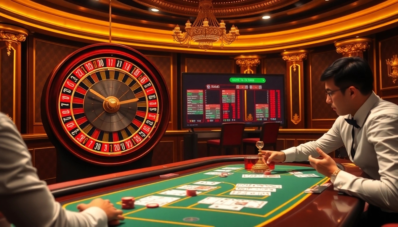 Tỷ lệ kèo displayed prominently amidst a lively casino setting featuring poker and roulette.