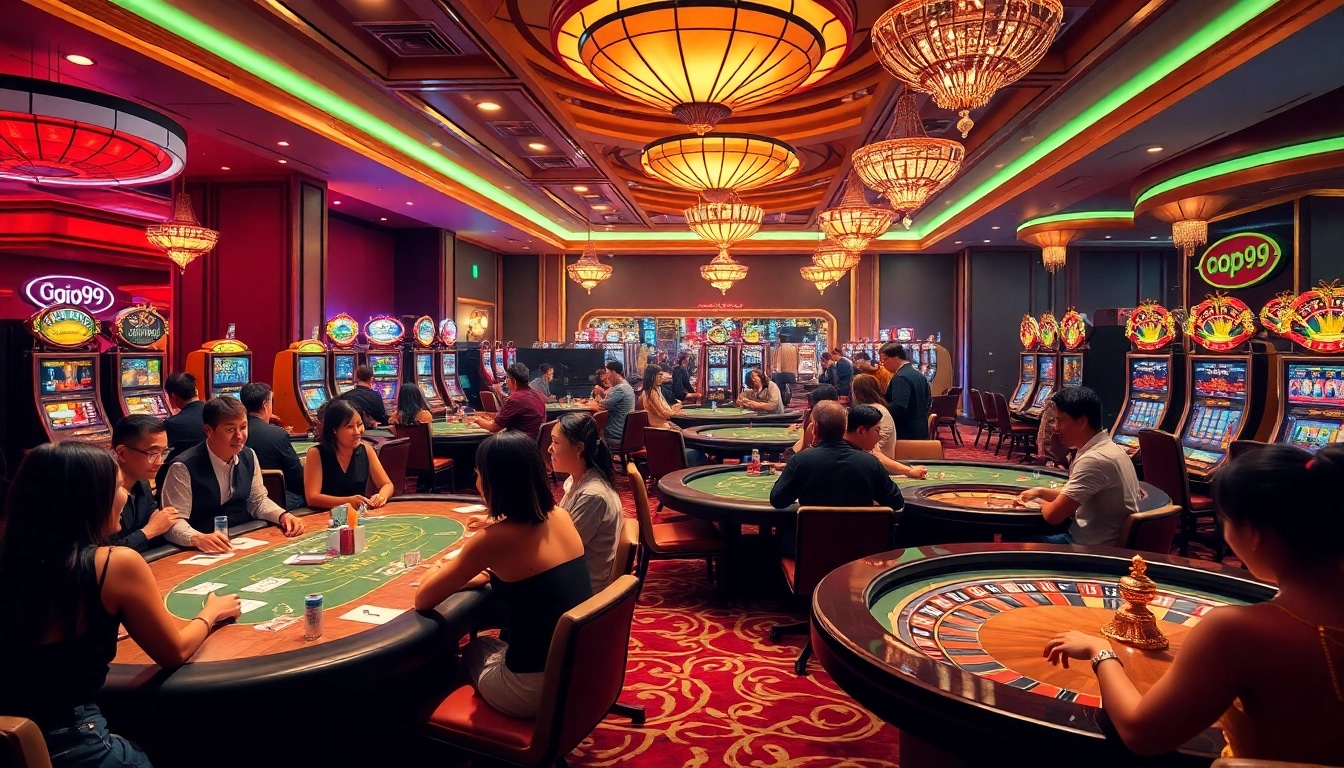 Go99 casino excitement with players enjoying poker and roulette in a vibrant, luxurious setting.
