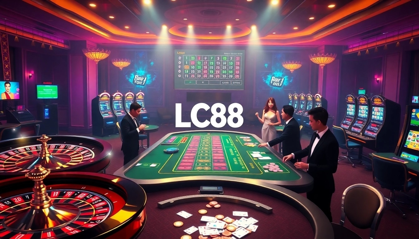 Engaging scene of gamblers at a luxurious casino, showcasing Nhà cái LC88 gambling excitement.