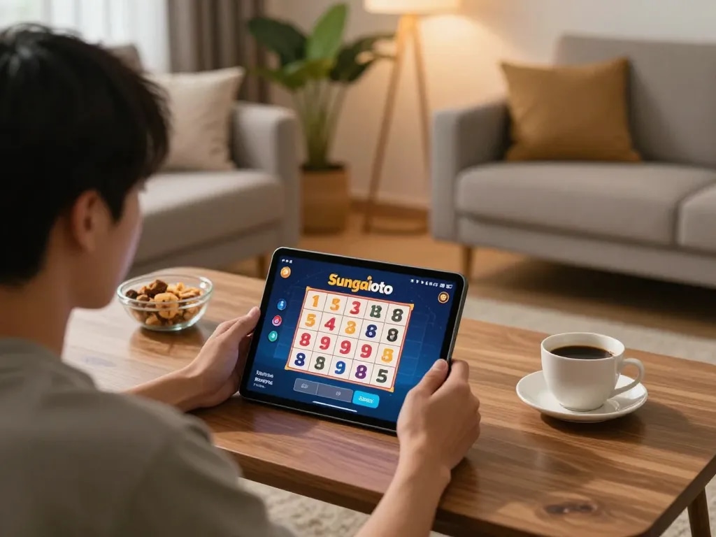 Engaged player using sungaitoto for online bingo, showcasing a comfortable home gaming environment