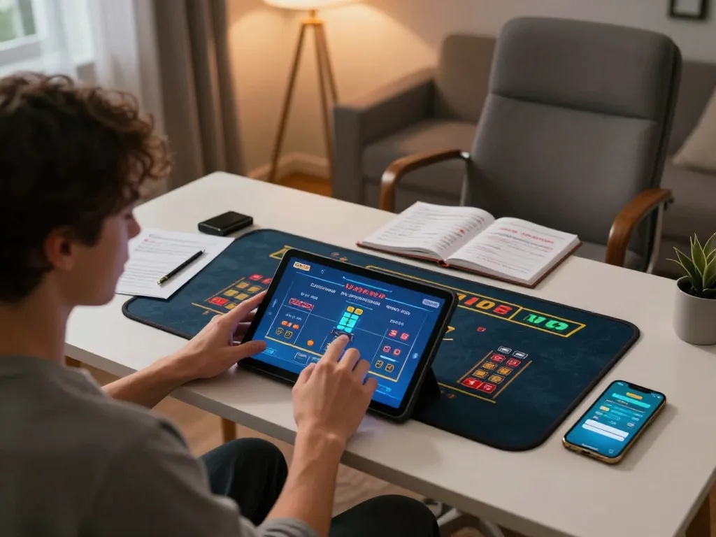 Fun88 gaming experience with a person enjoying live dealer games on a tablet in a cozy home setting