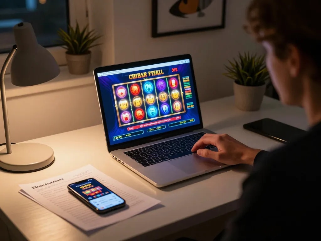 Engaging in online gaming at https://fabet.credit/, a player spins colorful slot reels in a cozy home setting.