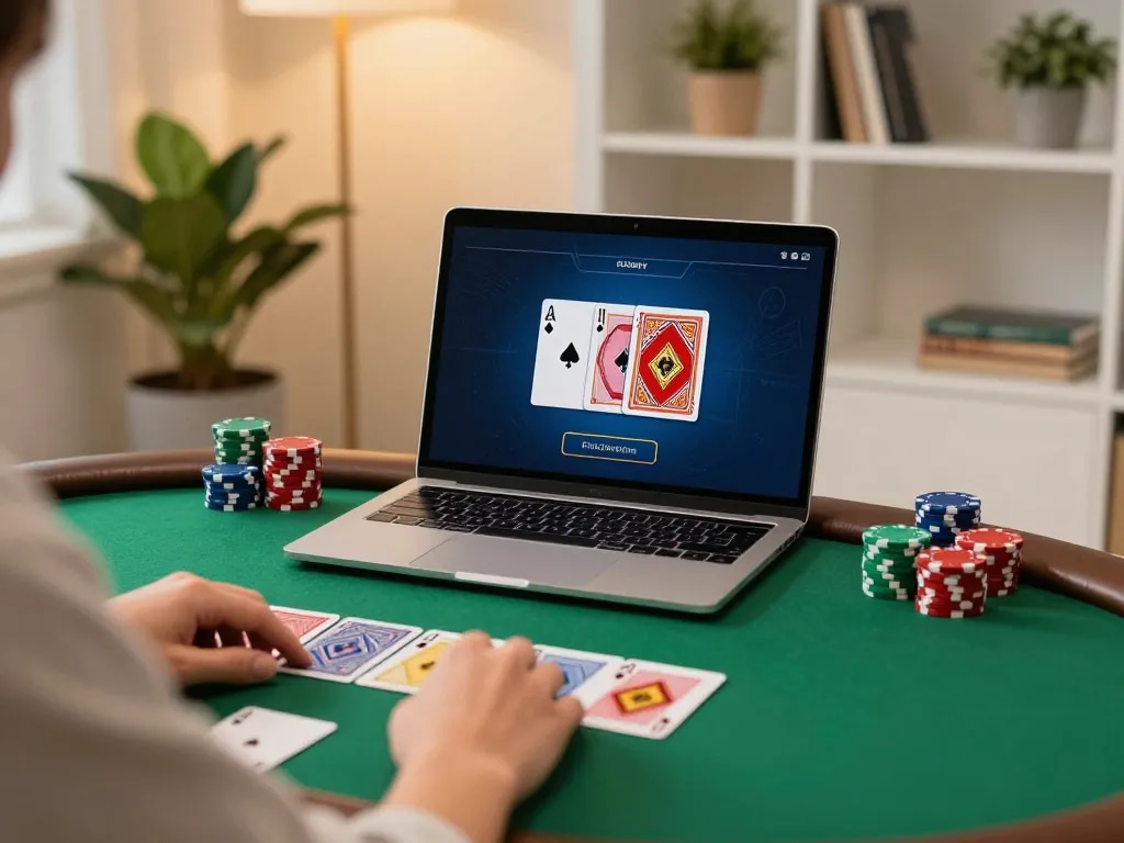 GG88 player celebrating a winning hand during live poker game on laptop.