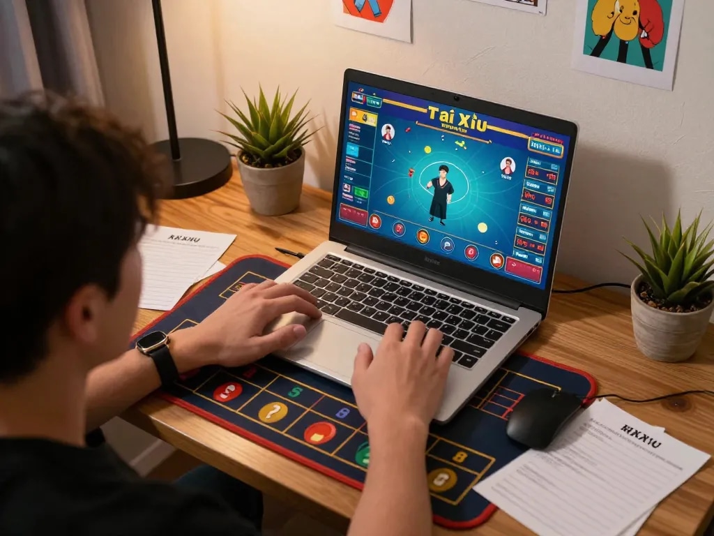 Tài XỉuOnline8 player enjoying a live dealer game at home with notes and laptop.