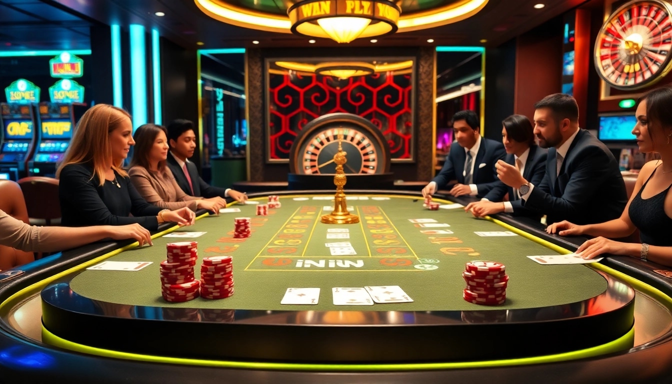Iwin gaming table in a luxurious casino setting with excited players enjoying high-stakes games.