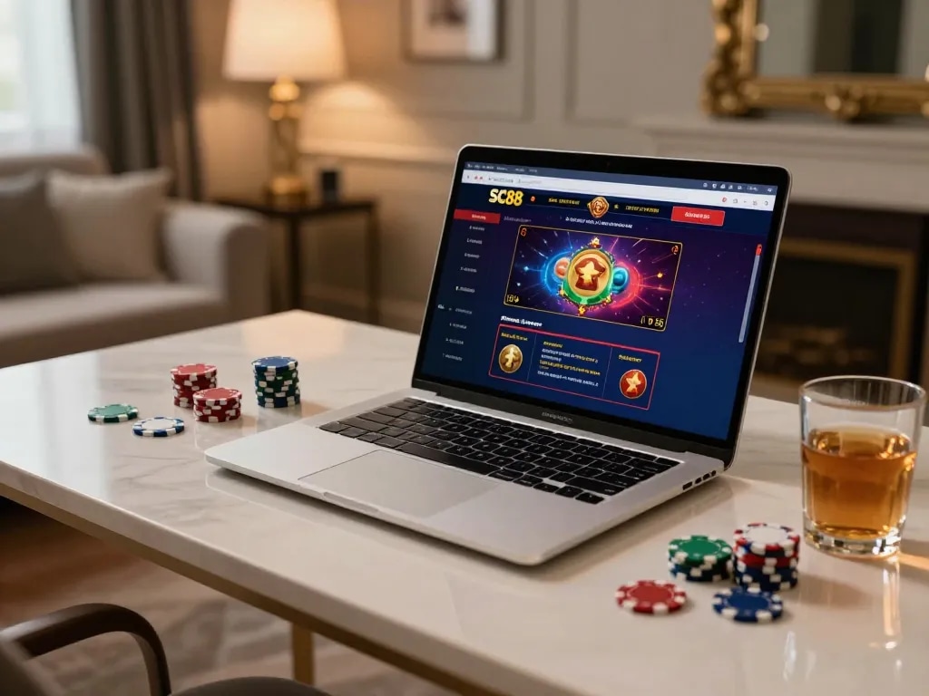 Engage in thrilling gameplay at SC88 with a modern online casino setup featuring a laptop and poker chips.