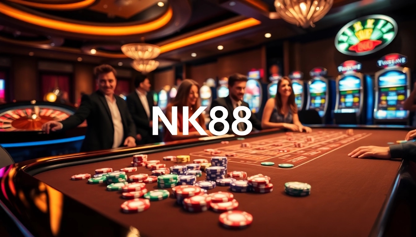 NK88 casino gaming scene with vibrant poker chips, roulette wheel, and excited players.