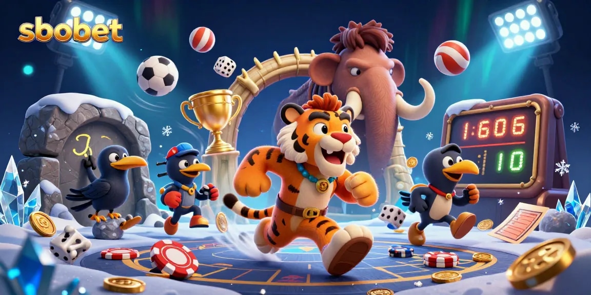 Engage in thrilling sbobet sports betting with a vibrant prehistoric casino scene featuring unique characters and dynamic elements.