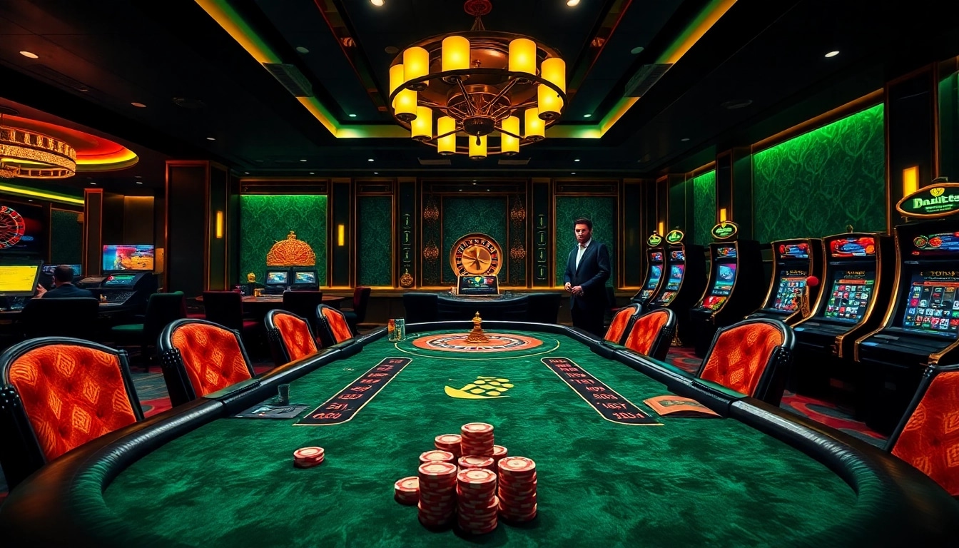 A vibrant poker scene showcasing five88.win's luxurious gambling experience with players and casino elements.