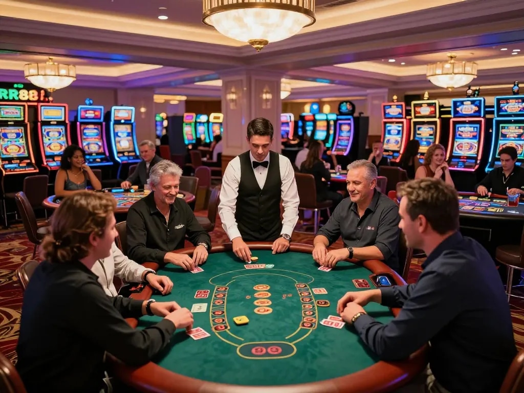 Players enjoying high-stakes games at RR88 casino, emphasizing thrilling gameplay and vibrant atmosphere.