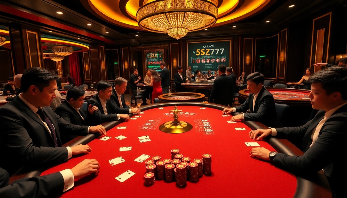 Players enjoying a thrilling poker game at the 5z777 casino, surrounded by excitement and luxury.