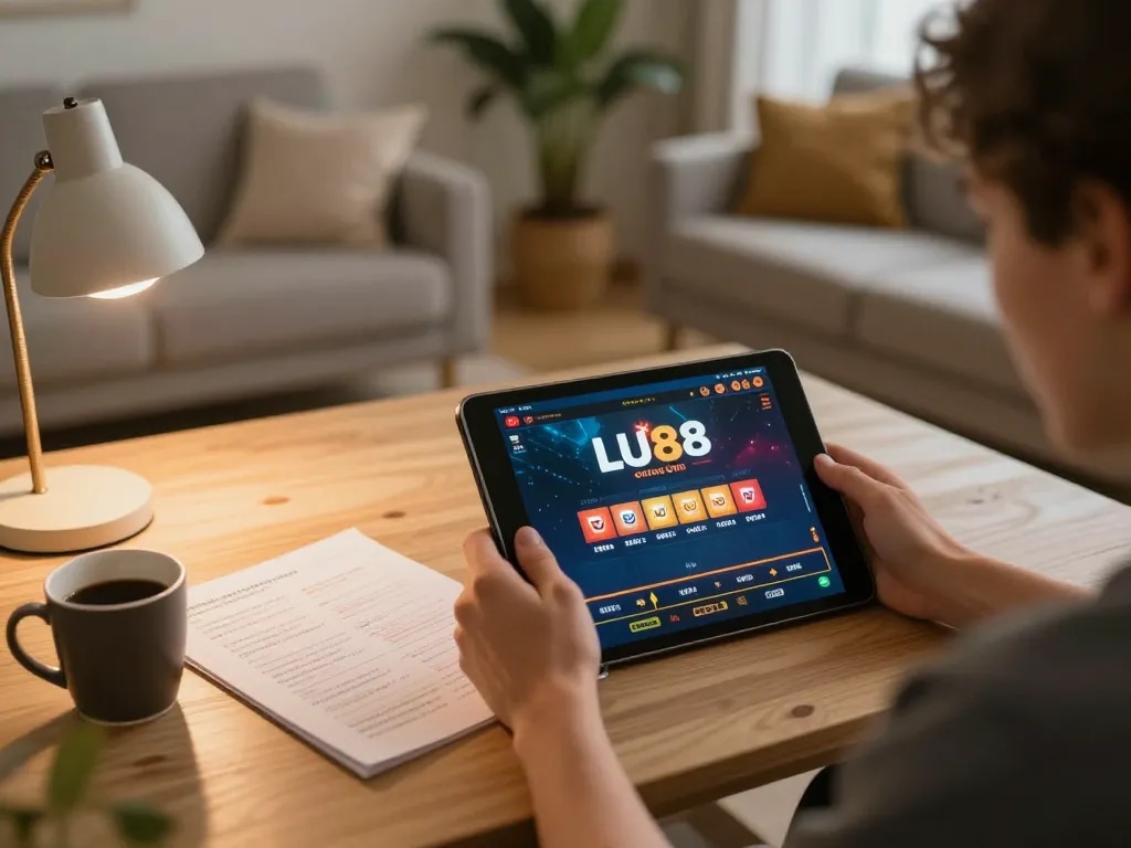 Engaging in online gambling on https://lu88.jpn.com/ with tablet at home, showcasing a cozy gaming setup