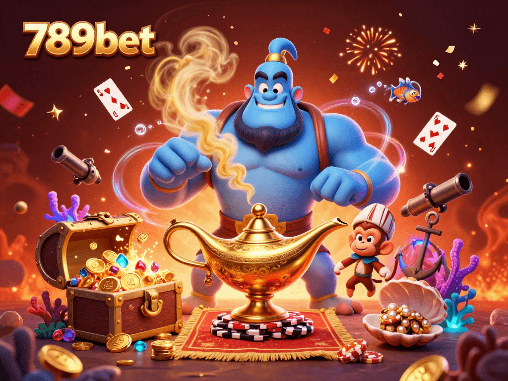 Engage with gaming fun at 789bet in this vibrant illustration featuring casino elements and characters.