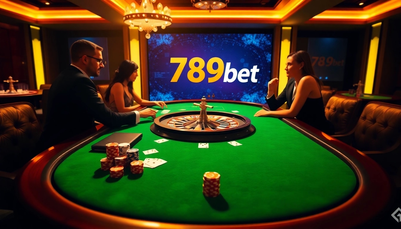 Experience high-stakes gaming with 789bet at a luxurious casino table featuring cards and roulette.