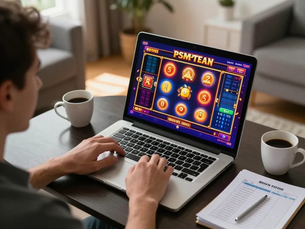 Player immersed in online slot game at home, featuring hitclub gameplay highlights and cozy atmosphere.