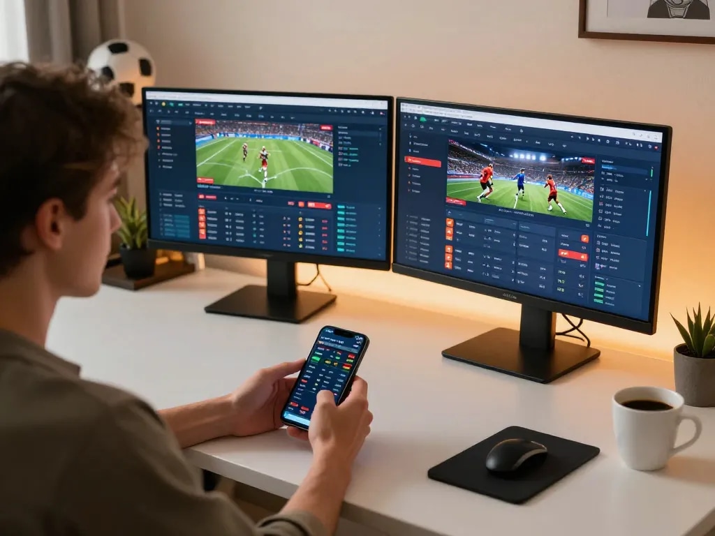 Engaging in sports betting via smartphone on https://tx88.bid/, focusing on live odds with a modern setup